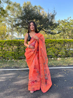 Vamsee Orange Organza Saree | Grocsy