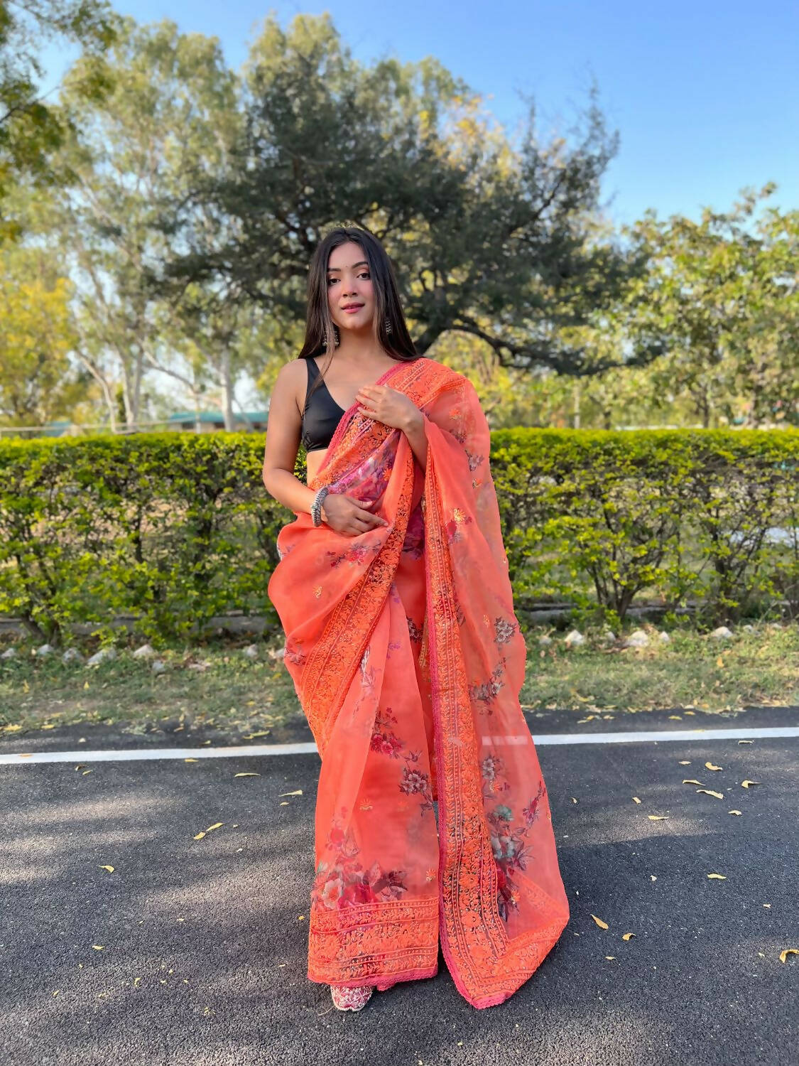 Vamsee Orange Organza Saree | Grocsy