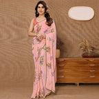 Women's Partywear Designer Peach Georgette Fancy Saree - Satrangi | Grocsy