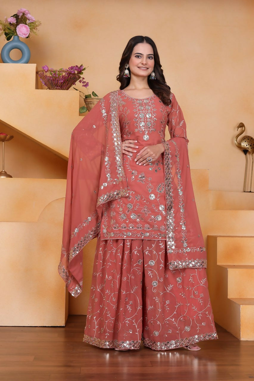 Joban Fashion Pink Georgette Embroidered Sharara Set | Grocsy