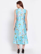 Myshka Women's Green Printed Cotton Blend Sleeveless Round Neck Casual Dress | Grocsy