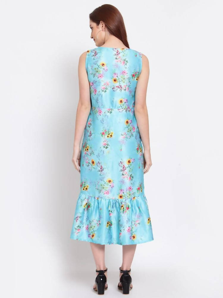 Myshka Women's Green Printed Cotton Blend Sleeveless Round Neck Casual Dress | Grocsy