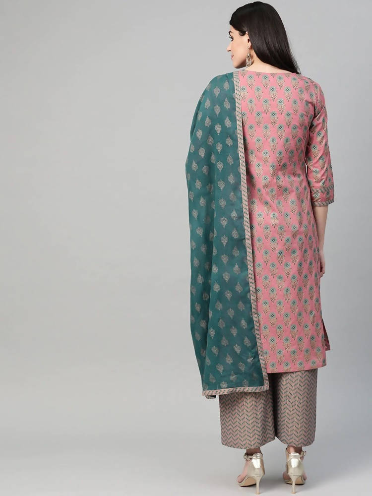Yufta Women Pink & Blue Printed Kurta with Palazzo & Dupatta | Grocsy