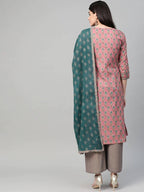 Yufta Women Pink & Blue Printed Kurta with Palazzo & Dupatta | Grocsy