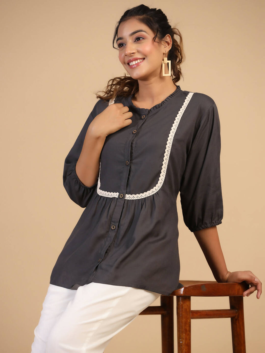 Womens Grey Rayon Solid Top - Keeva | Grocsy