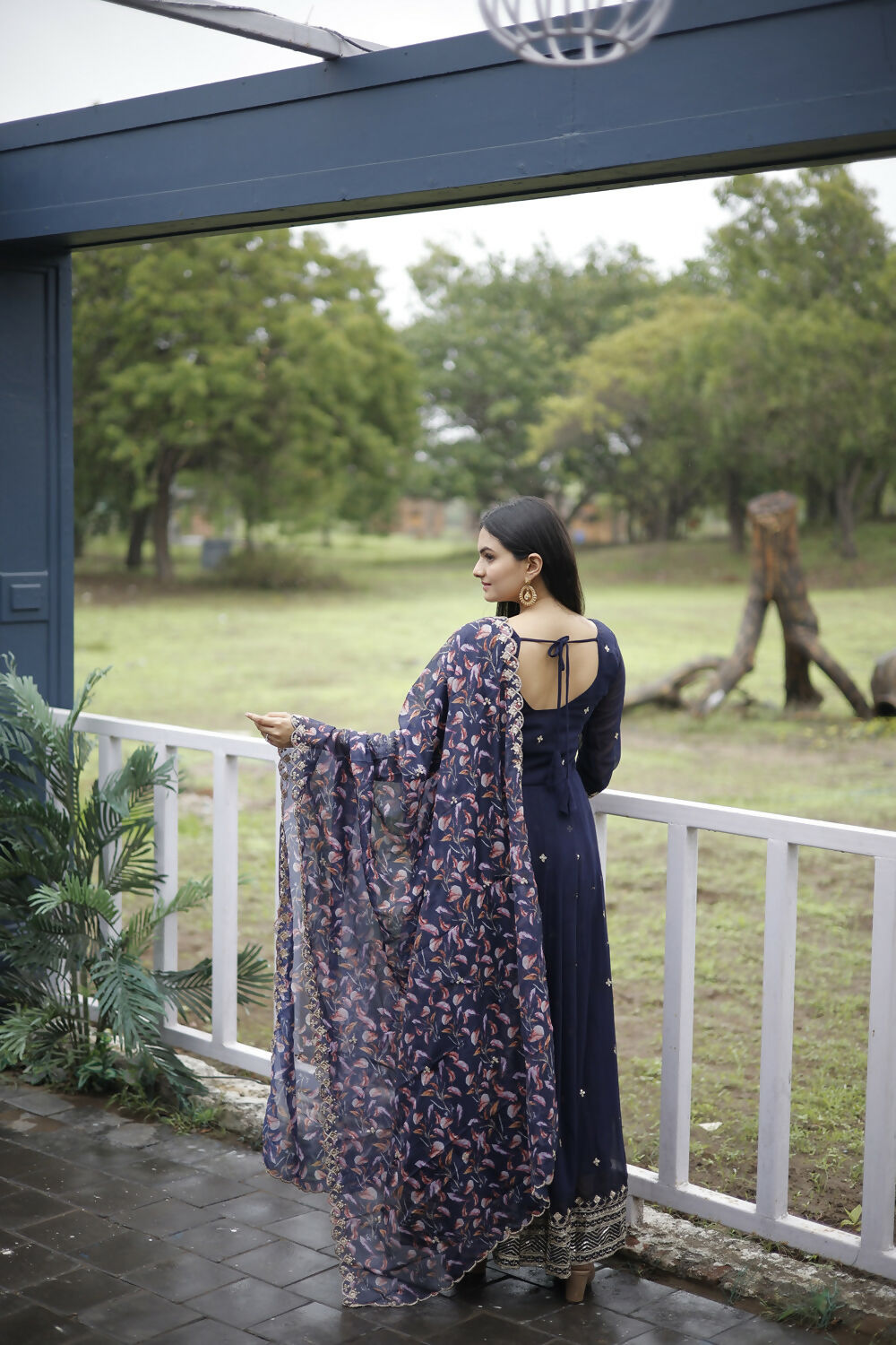 Aayaa Designer Embroidery Zari Sequins-Work Faux Blooming Georgette Suit - Navy Blue | Grocsy