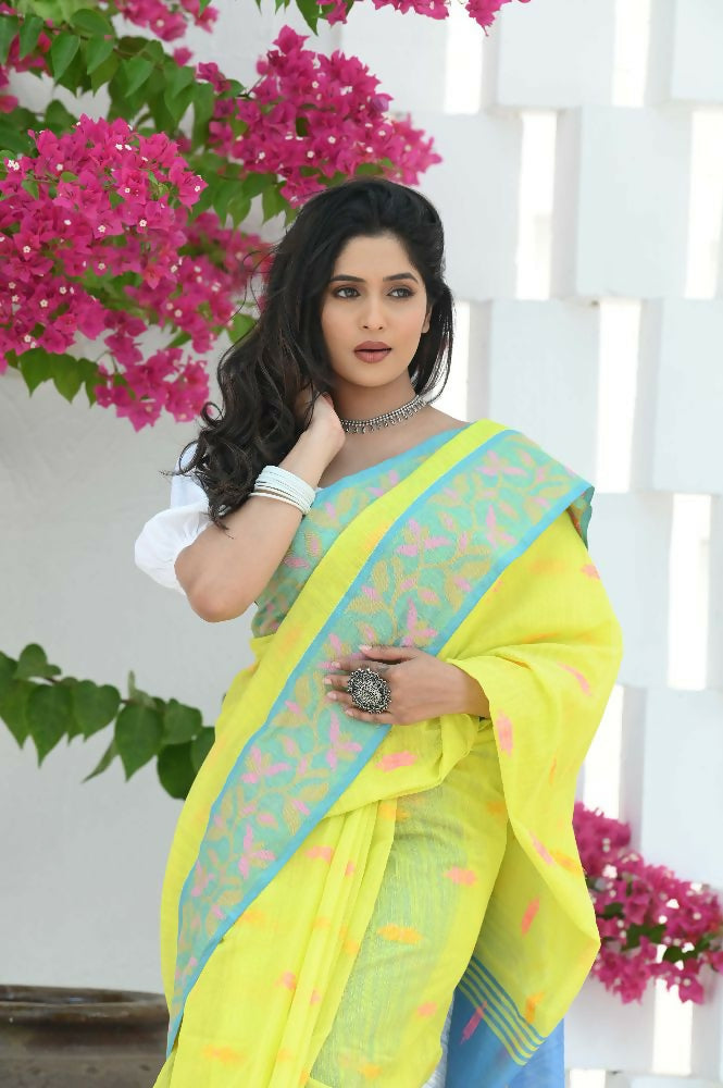 Beatitude Yellow Slub Cotton Floral Jamdani Saree | Grocsy