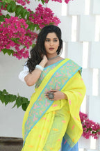 Beatitude Yellow Slub Cotton Floral Jamdani Saree | Grocsy