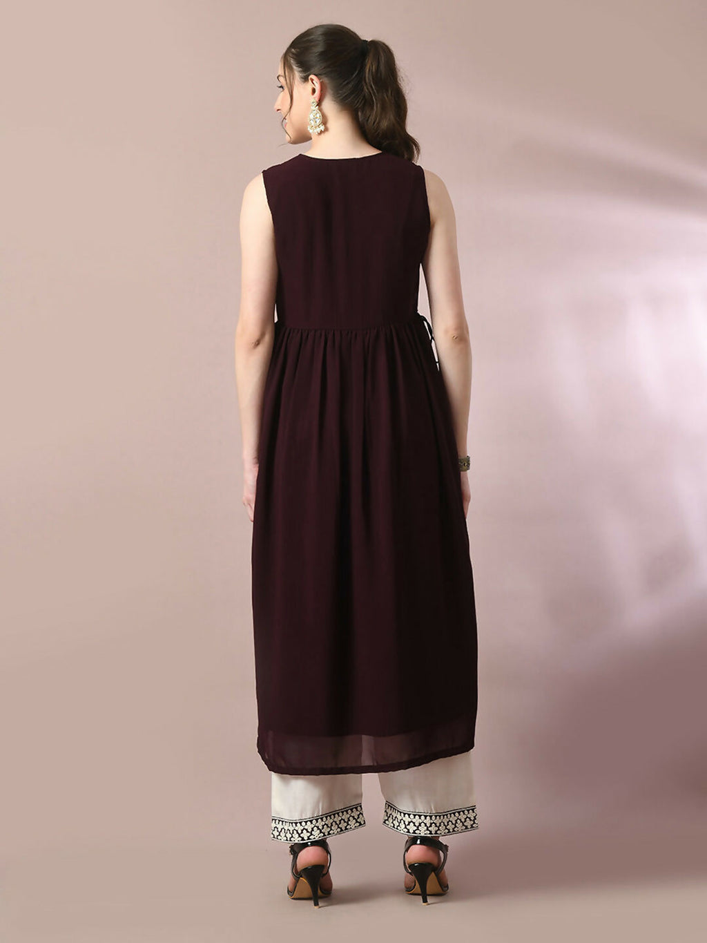 Myshka Women's Coffee Brown Solid Georgette Anarkali Party Kurta Set | Grocsy