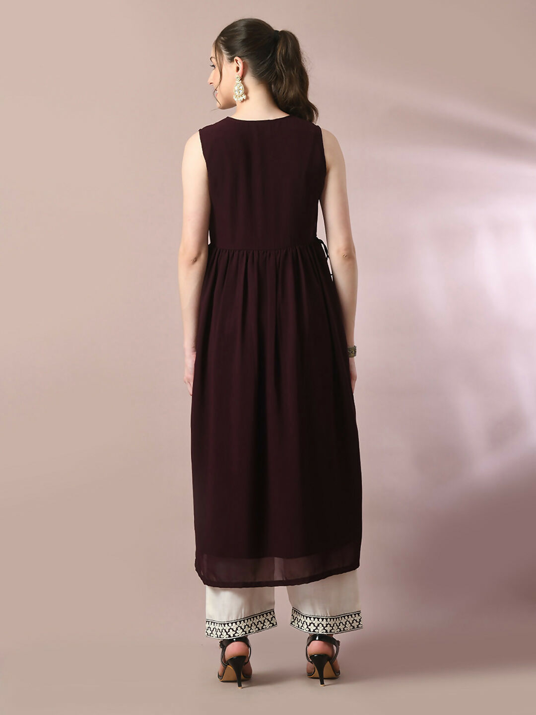Myshka Women's Coffee Brown Solid Georgette Anarkali Party Kurta Set | Grocsy