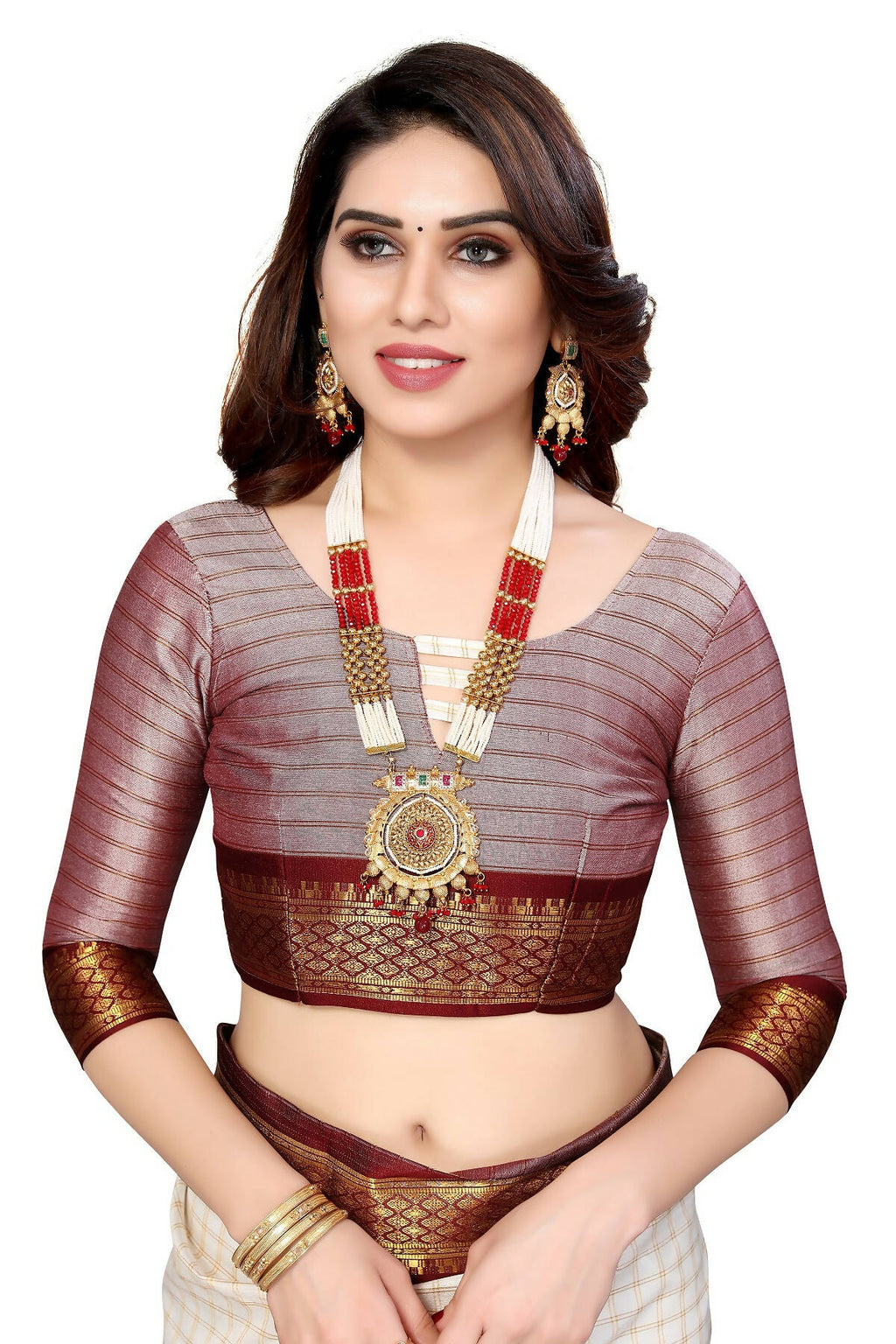 Vamika Weaving White Cotton Silk Saree (DEVAL MAROON) | Grocsy