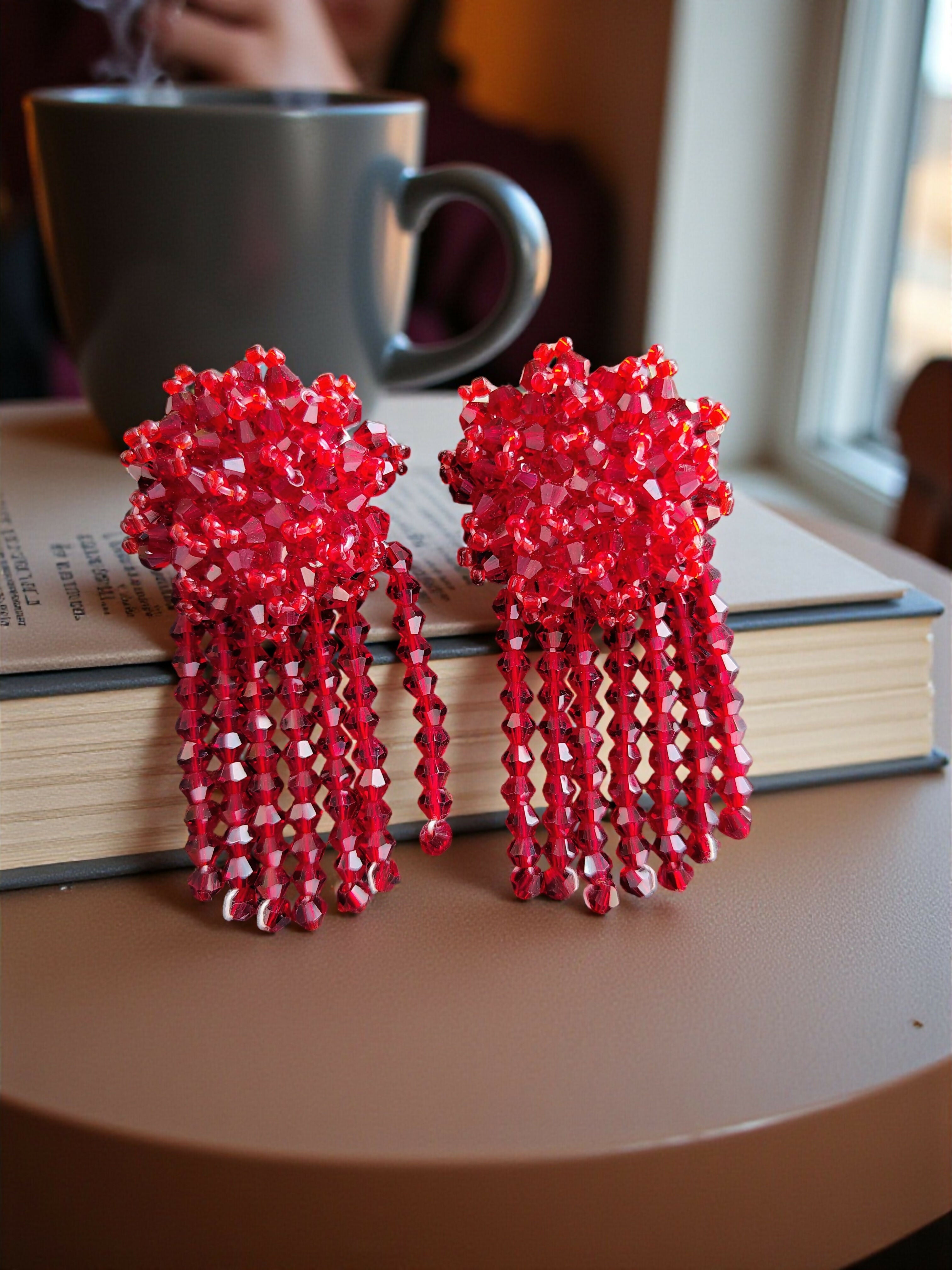 Inhanns Handmade Crystal Water Fall Earrings - Short - Maroon Small | Grocsy