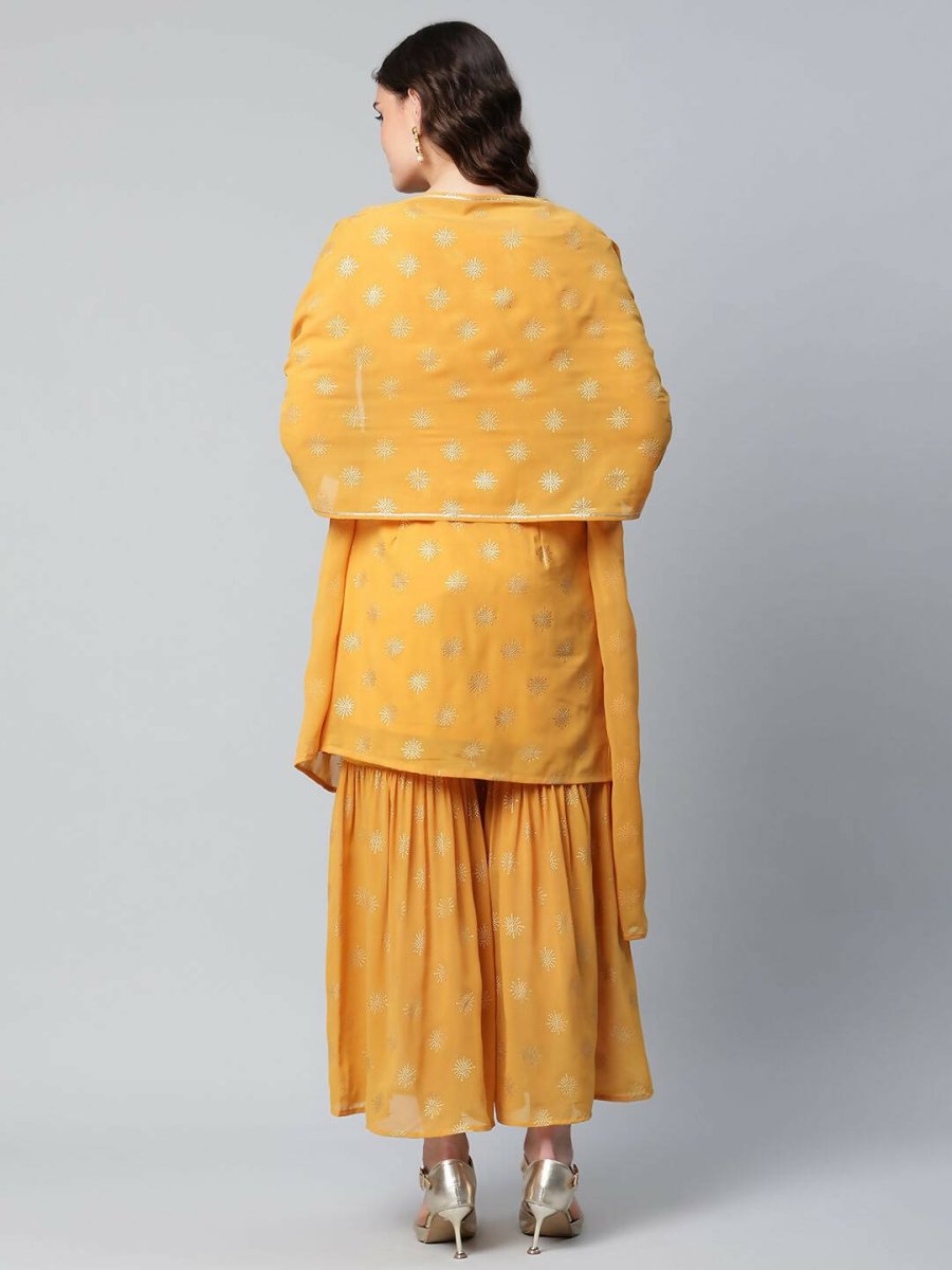 Ahalyaa Womens Mustard Georgette Gold Foil Printed Kurta Sharara Set With Dupatta | Grocsy