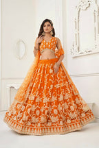 Aastha Fashion Orange Butterfly Net White Cotton Thread Work And Sequence Work Embroidery Wedding Wear Lehenga Choli | Grocsy