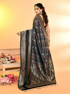 Joban Fashion Grey & Black Plain With Weaving Border Banarasi Silk Sarees | Grocsy