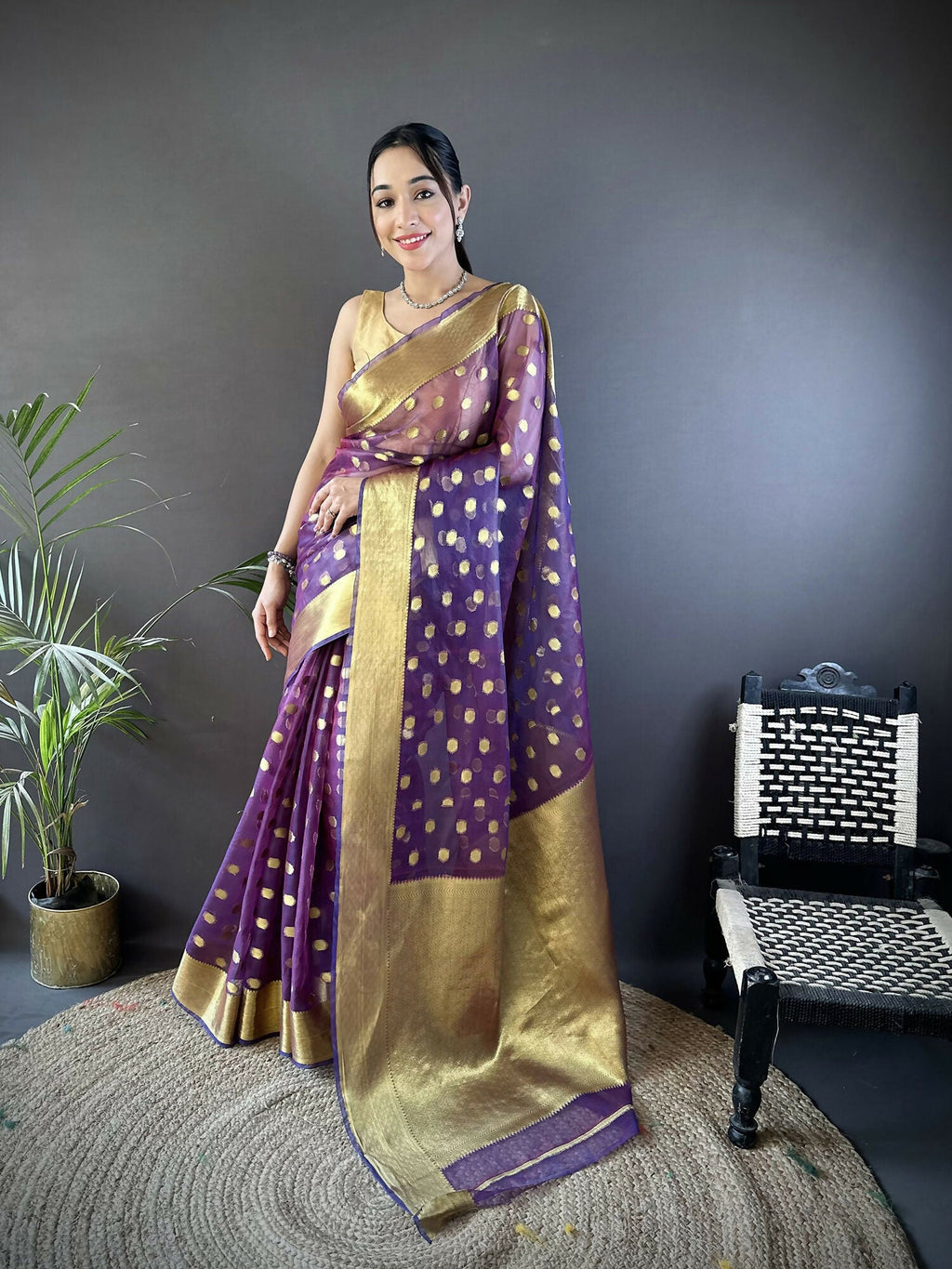 Joban Fashion Purple Polka-Dot Zari Woven Organza Silk Banarasi Silk Saree | Grocsy