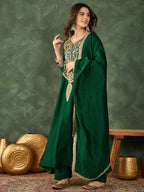 The52 Women's Beautiful Embroidery Work Vichitra Silk Fabric Flared Kurta Pant and Dupatta Set | Grocsy