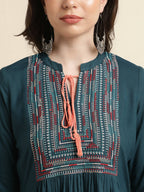 Teal Rayon Yoke Embroidered A-line Top - Tarini | Grocsy