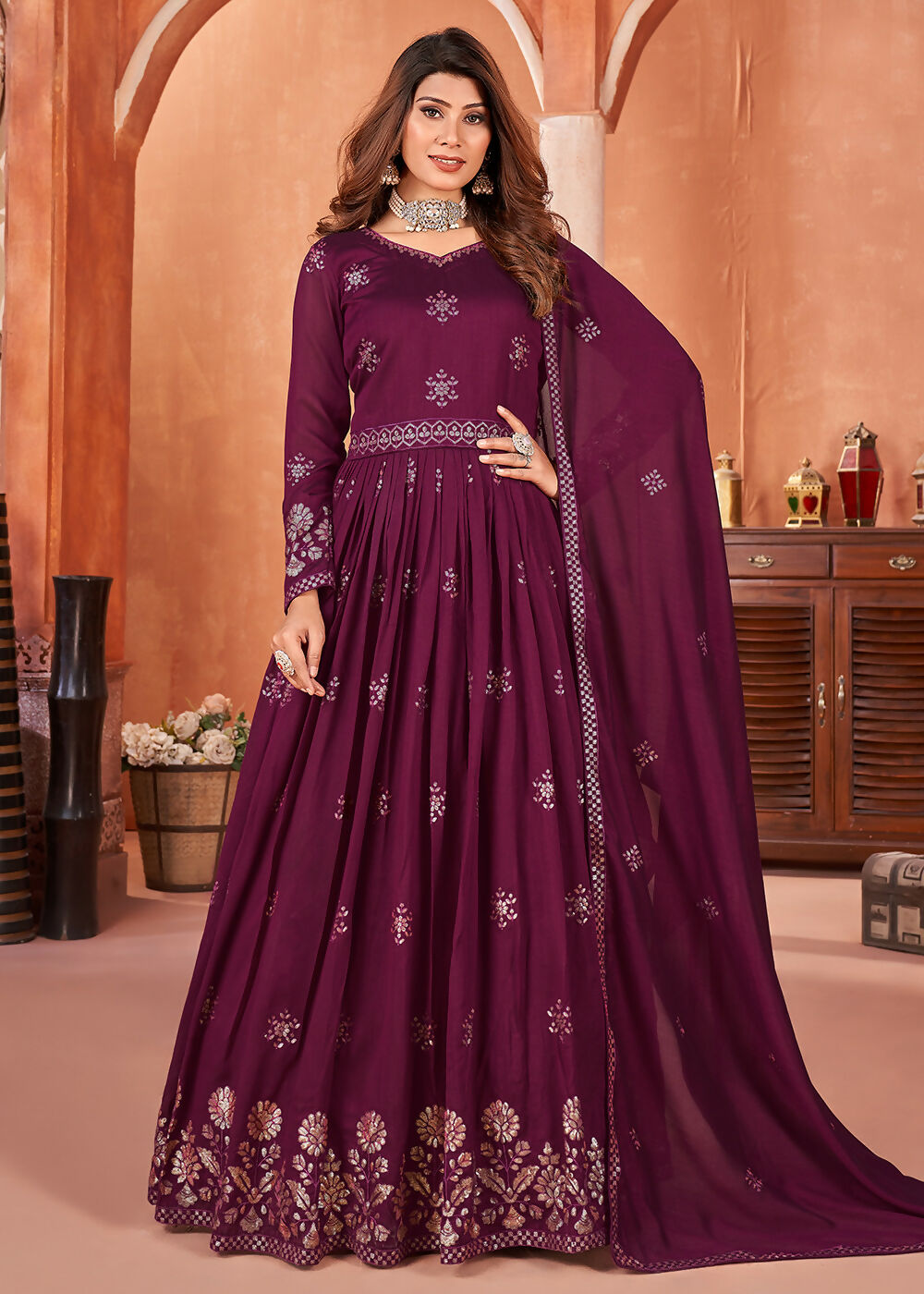 Wine Purple Festive Embroidered Art Silk Anarkali Suit - Emponline | Grocsy