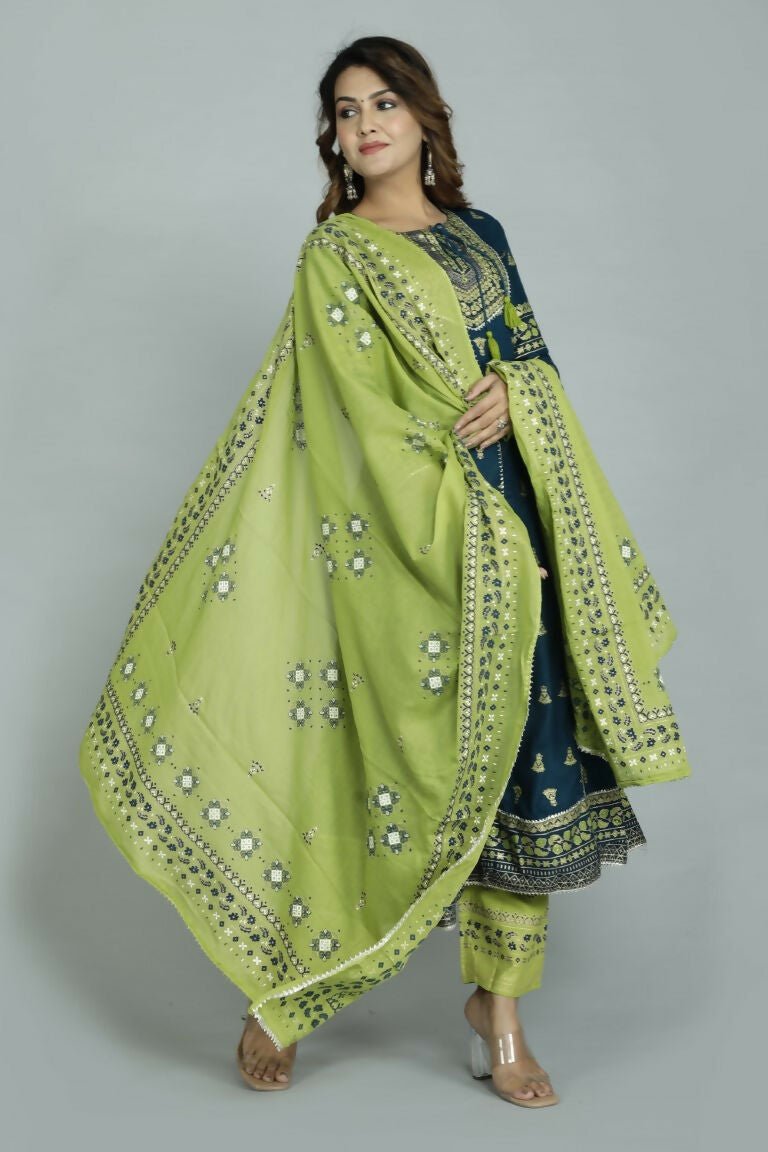 Alvano Women's Stylish Anarkali Kurti with Pant and Dupatta for Women and Girls (Teal) | Grocsy