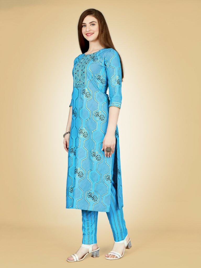 Jyoti Fashion Women's Sky Blue Viscose Rayon Embroidered Kurta Pant Set | Grocsy
