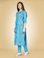 Jyoti Fashion Women's Sky Blue Viscose Rayon Embroidered Kurta Pant Set | Grocsy