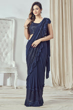 Mahotsav Women's Navy Blue Lycra Embellished Ready To Wear Saree With Stitched Blouse | Grocsy