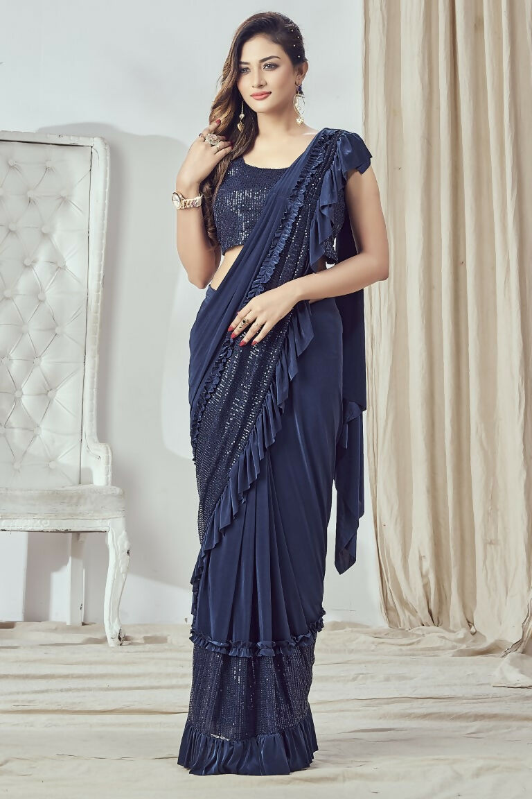 Mahotsav Women's Navy Blue Lycra Embellished Ready To Wear Saree With Stitched Blouse | Grocsy