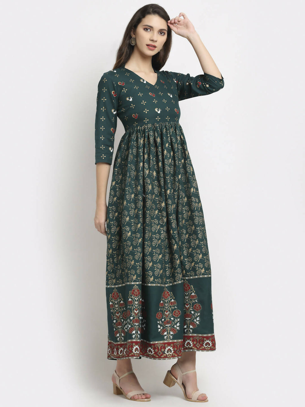 Rudra Bazaar Floral Printed A-Line Flared Green Kurti | Grocsy