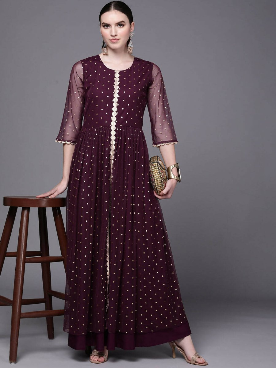 Ahalyaa Women Burgundy Polka Dots Fit & Flare Maxi Ethnic Dress | Grocsy
