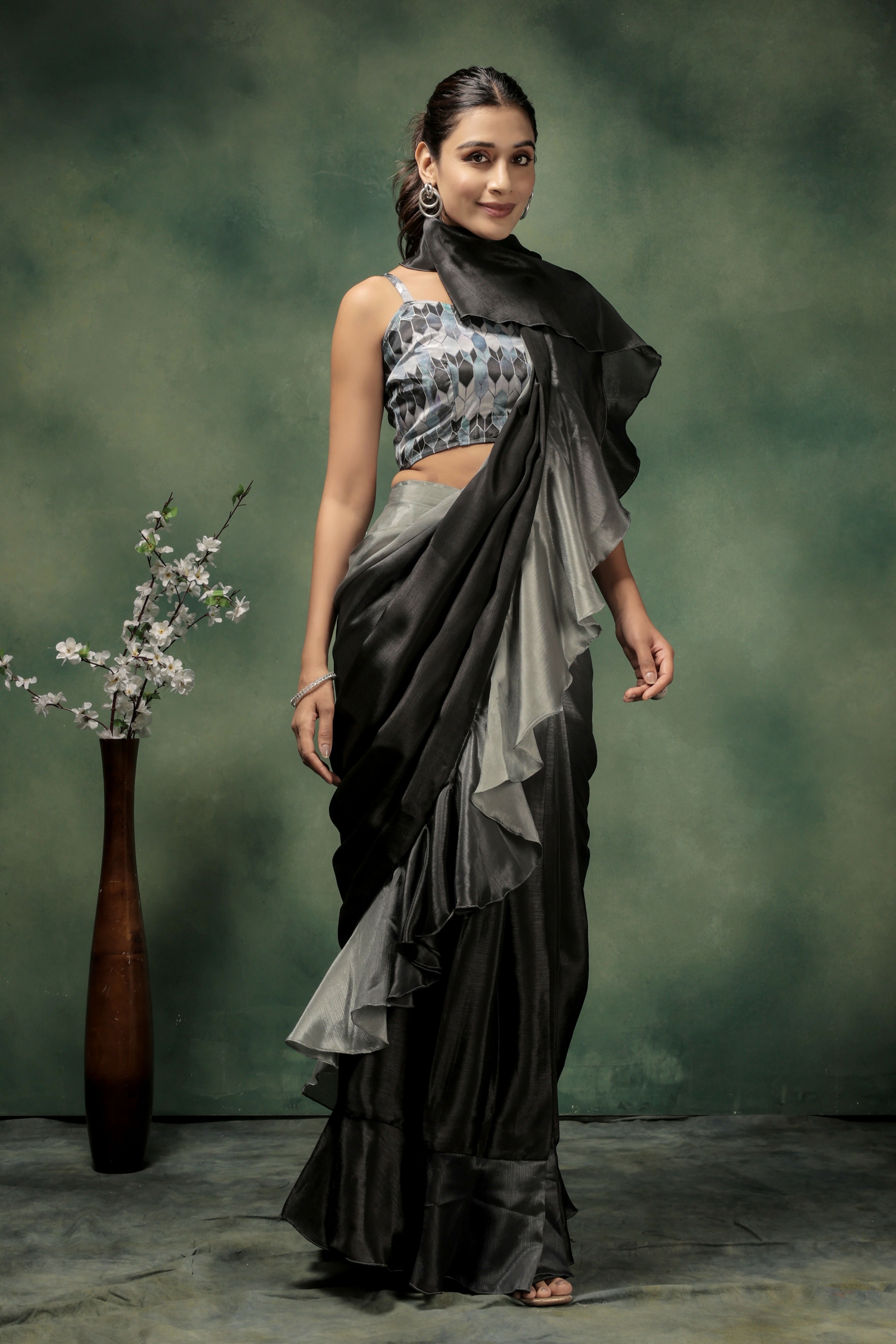 Grey Satin Solid Designer, Printed Party Wear Ready To Wear Saree - Nasreen | Grocsy