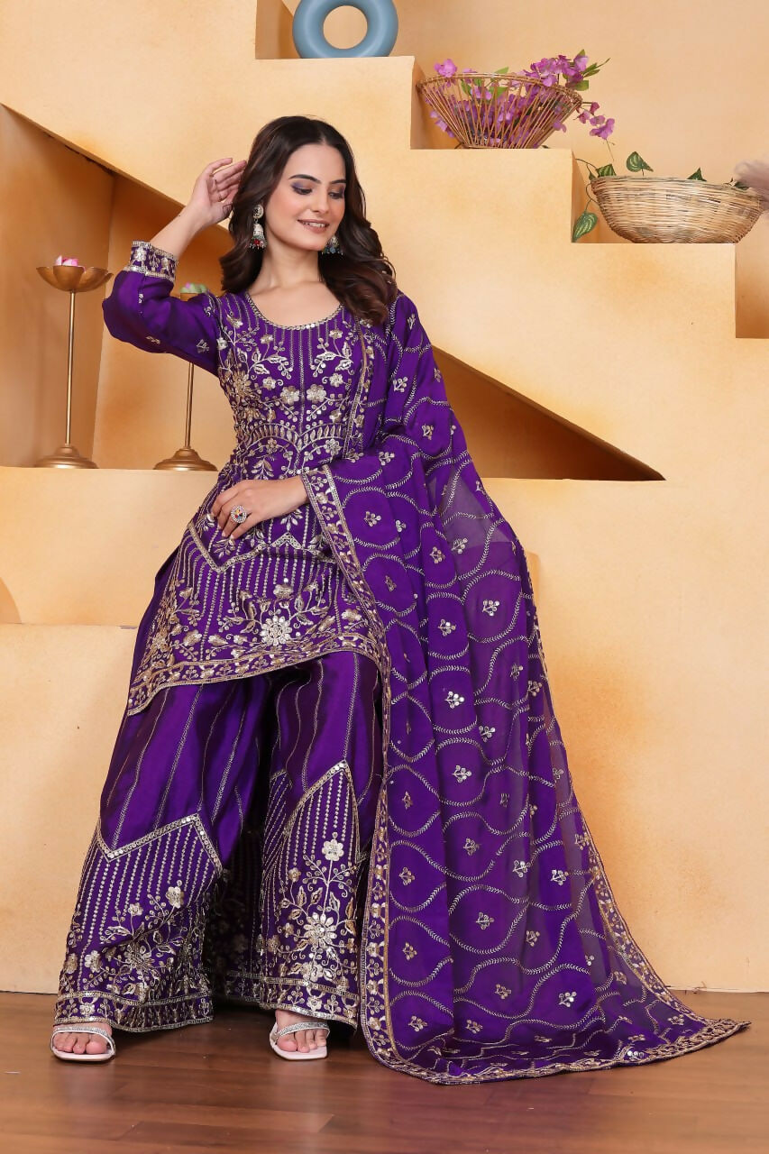 Joban Fashion Purple Silk Embroidered Sharara Set | Grocsy