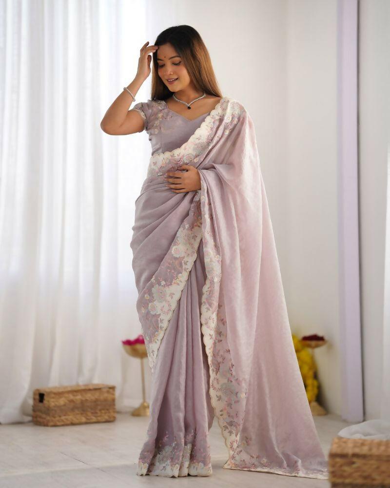 Vamsee Inaya Lavender Silky Crush Saree | Grocsy