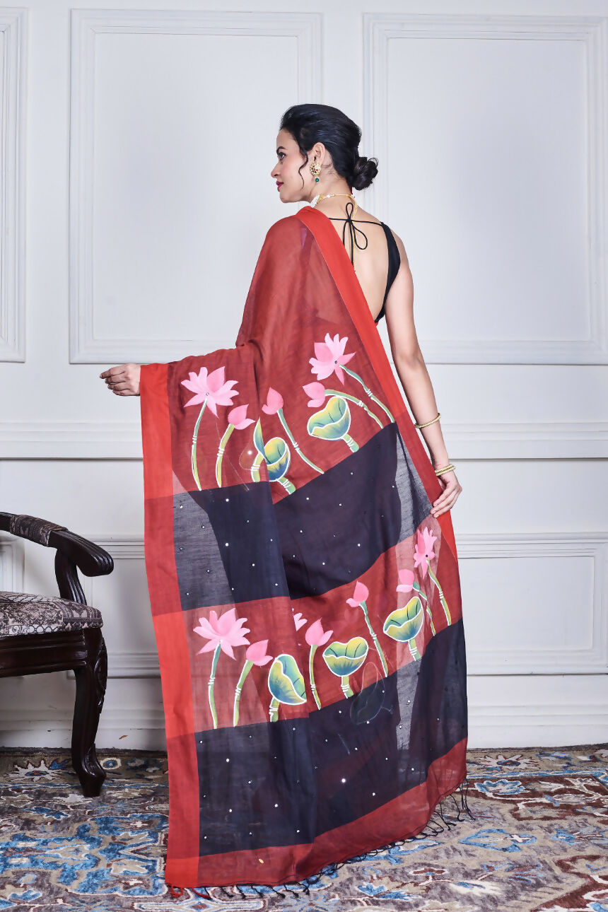 Morchari Multicolour Cotton Handloom Mirror Work Saree Unstitched Blouse | Grocsy