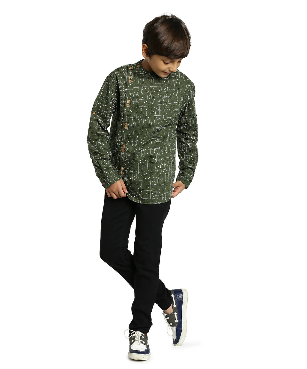 Manet Boys Full Sleeves Dot Printed Ethnic Shirt - Olive Green | Grocsy