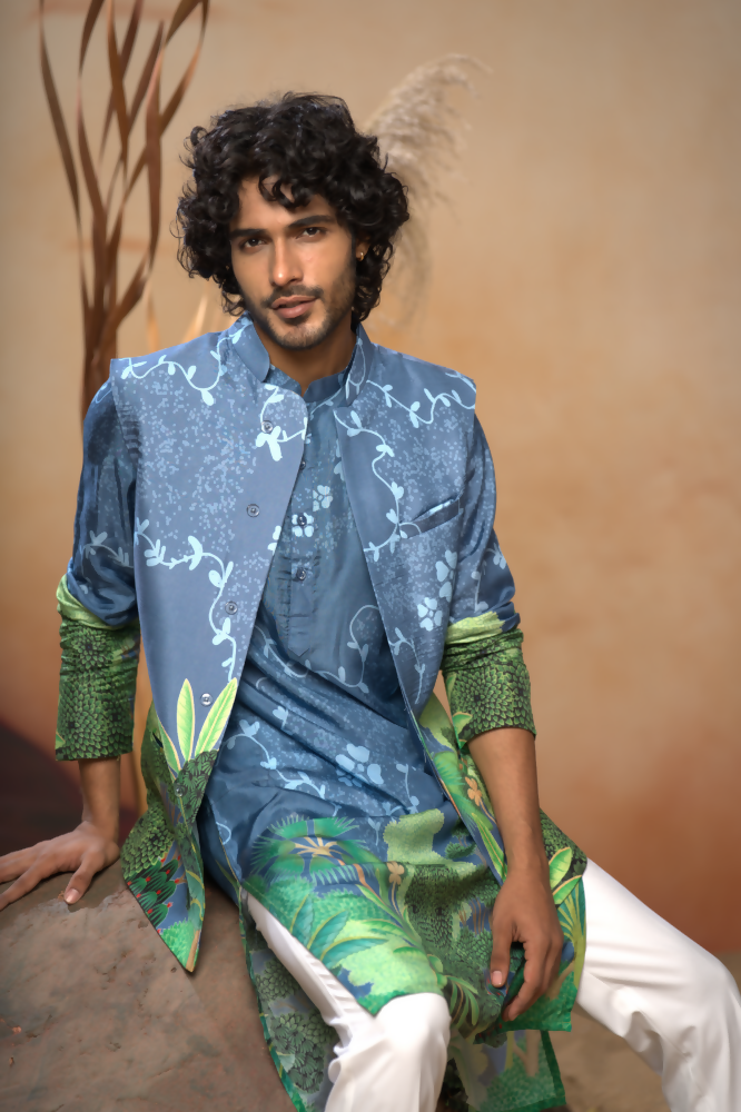 Tree Bark Classy Print Silk Nehrujacket Set by Hilo Design | Grocsy