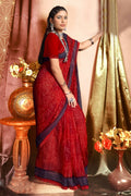 Red Chiffon Abstract Printed Saree With Unstitched Blouse Piece - Rajal | Grocsy