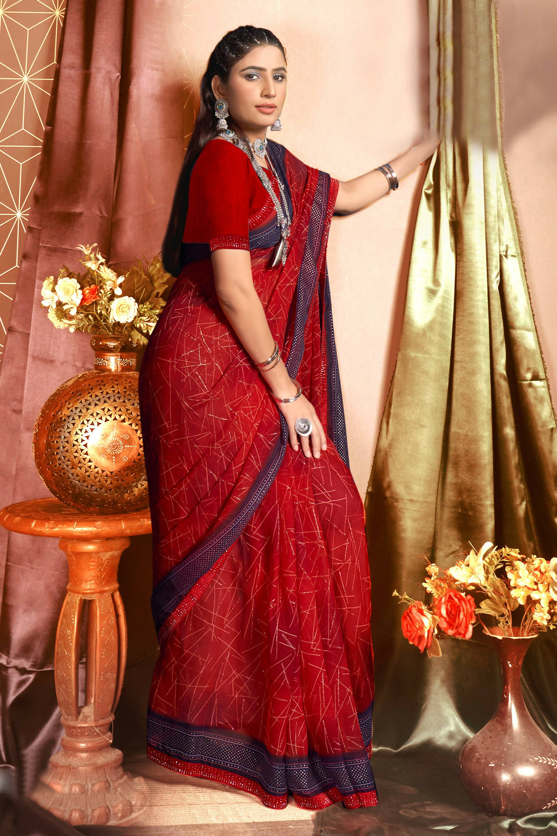 Red Chiffon Abstract Printed Saree With Unstitched Blouse Piece - Rajal | Grocsy