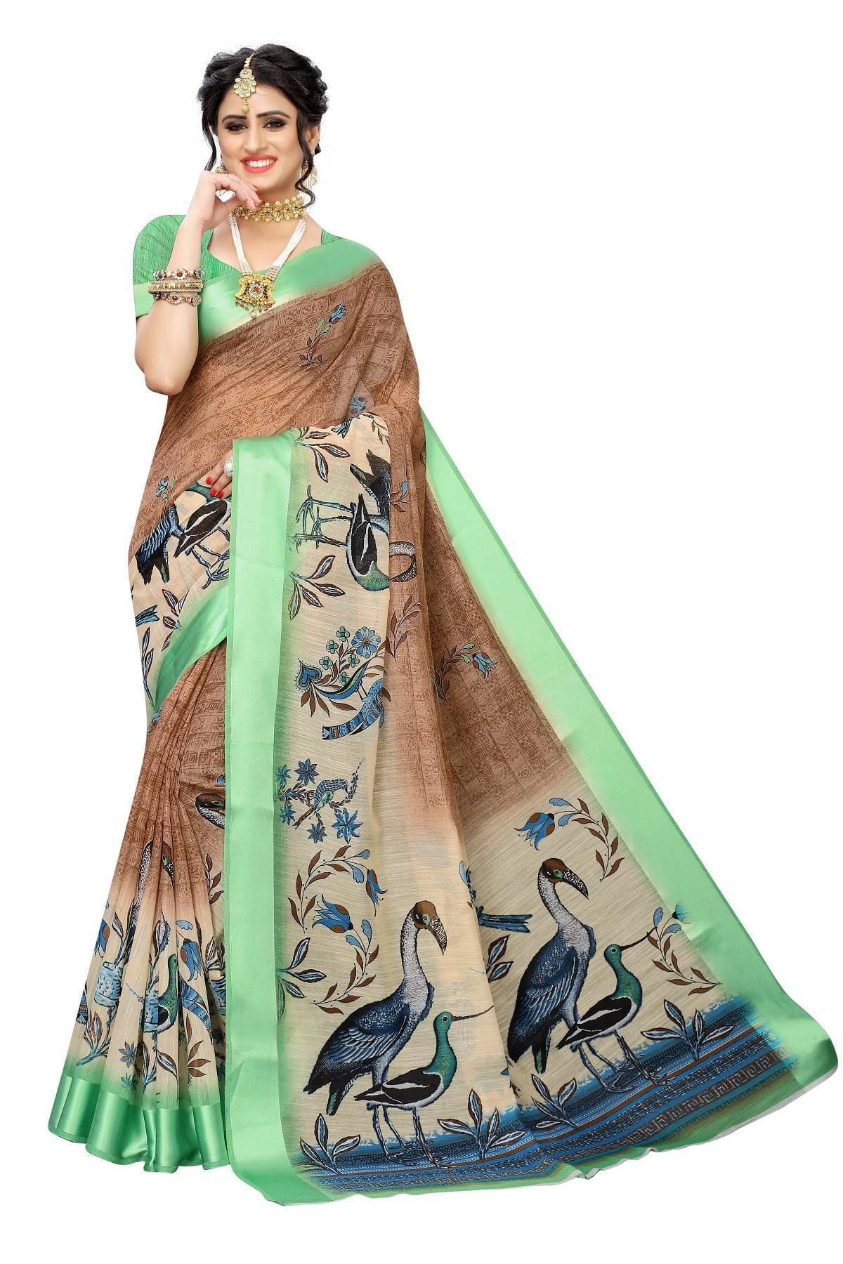 Vamika Green and Black Linen Digital Print with Satin Border Saree | Grocsy