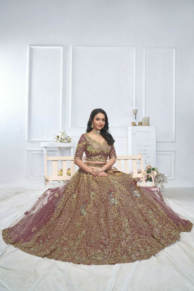 Kesar Fab Purple Net Embroidered Lehenga | Grocsy