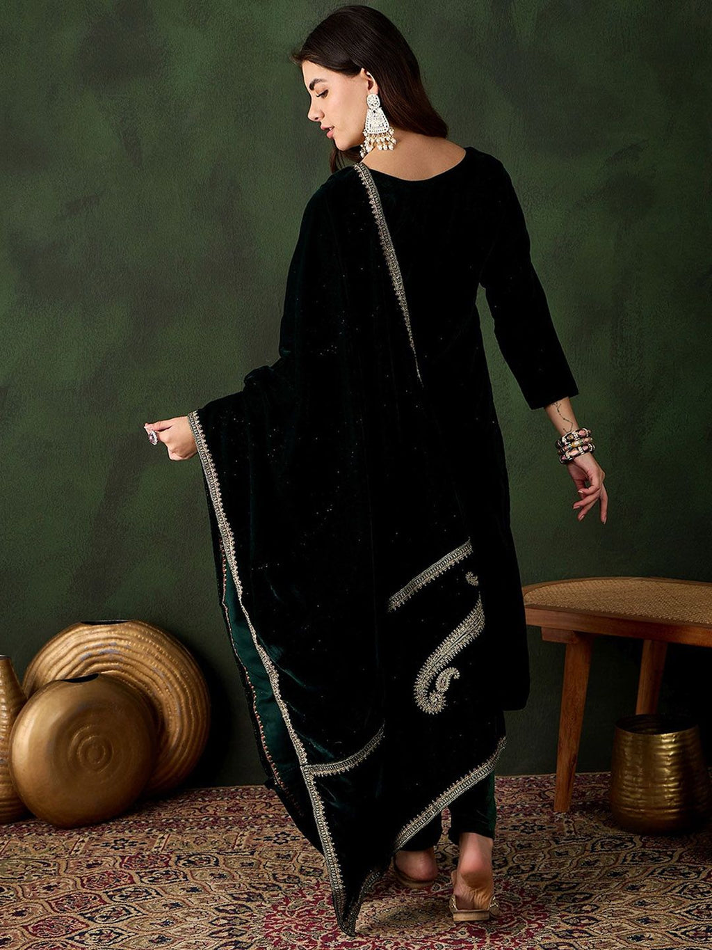 Sangria Floral Embroidered Straight Kurta & Trousers With Dupatta | Grocsy