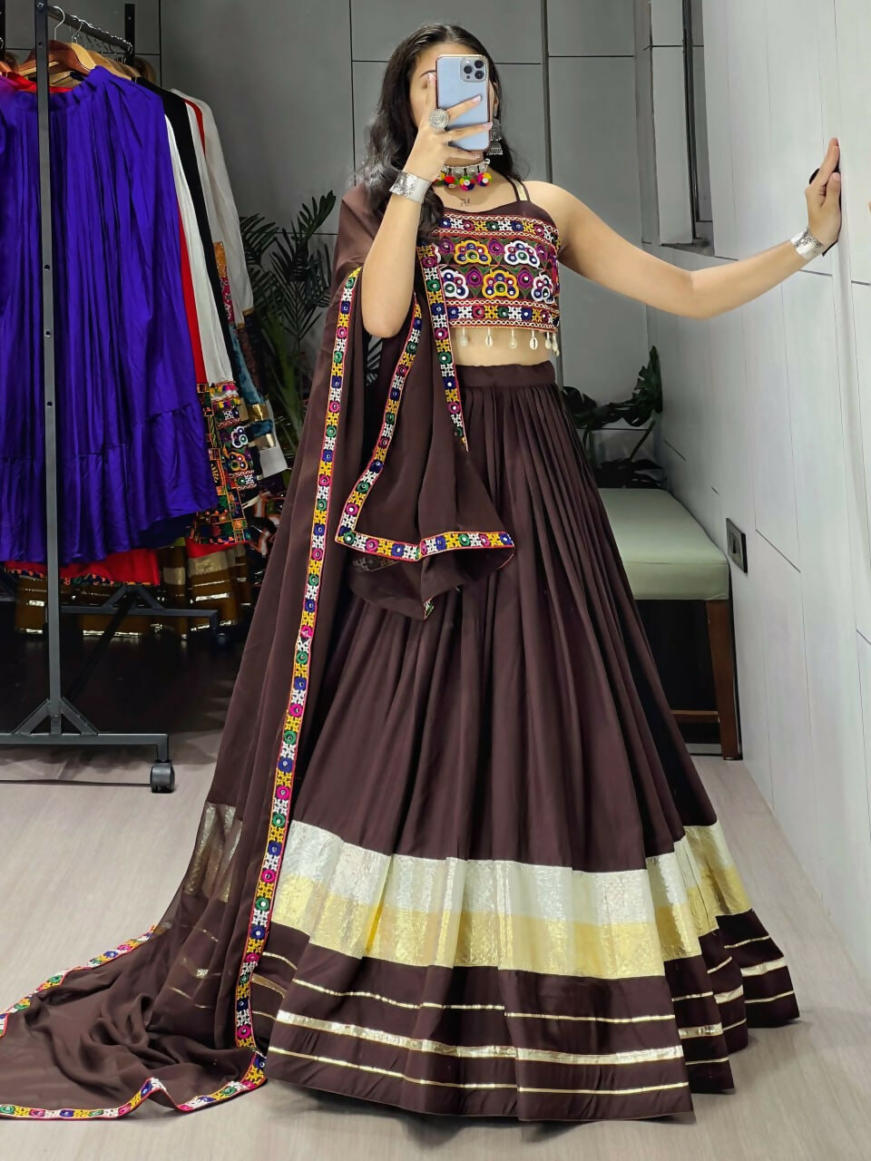 Yash Enterprise Brawn Rayon Cotton Embroidery Semi Stitched Navratri Top Chaniya Choli | Grocsy