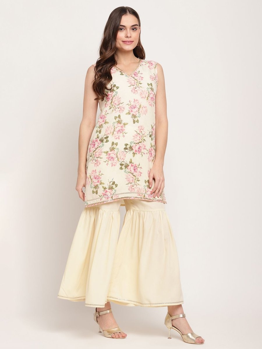 Ahalyaa Women's Beige Crepe Digital Floral Print Kurta Sharara Set with Dupatta | Grocsy