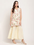 Ahalyaa Women's Beige Crepe Digital Floral Print Kurta Sharara Set with Dupatta | Grocsy