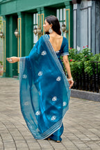 Vastranavya Sea Blue Embroidery Work Shimmer Chiffon Saree with Unstitched Blouse | Grocsy