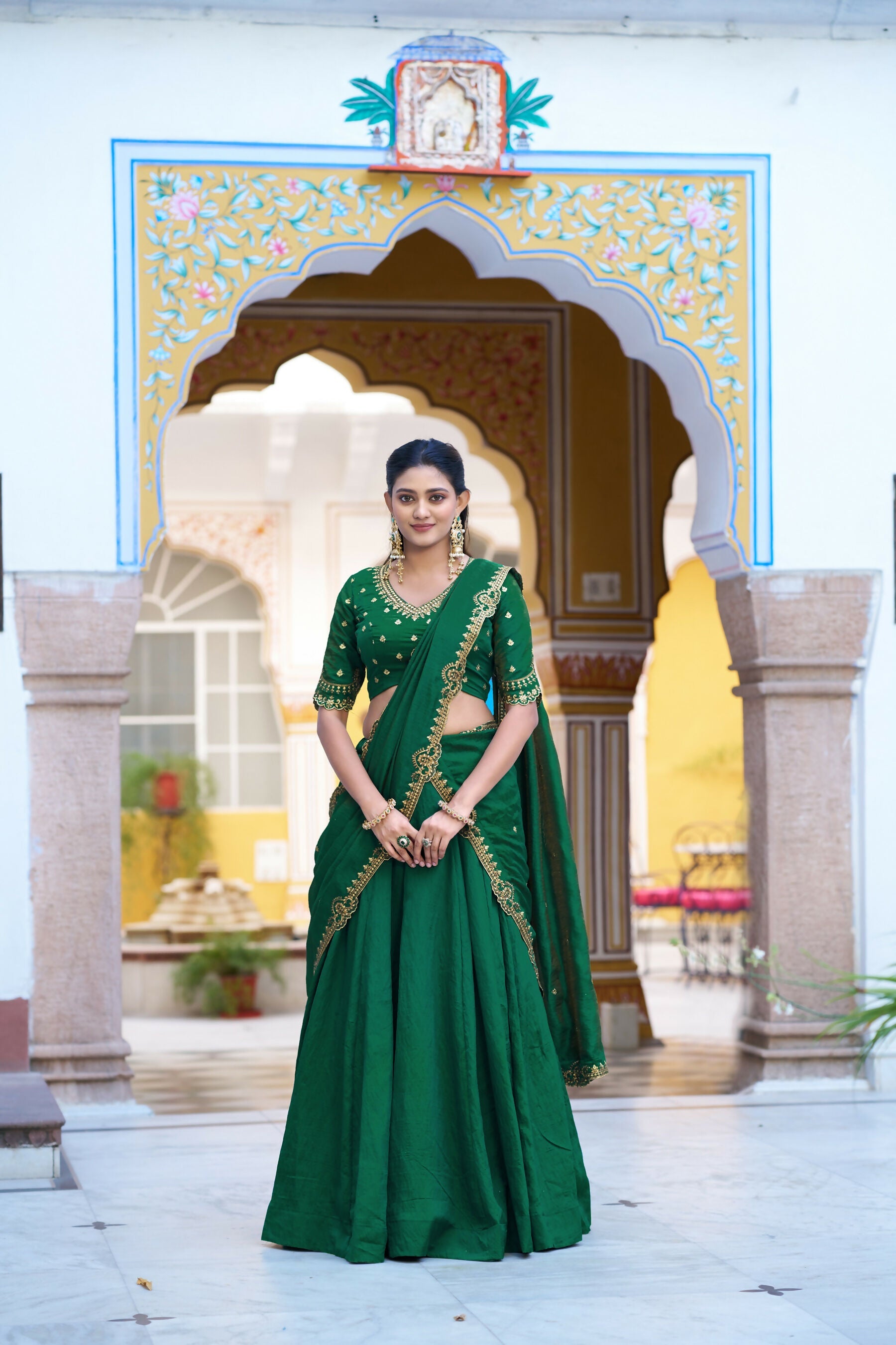 Lorenvalley Fashion Green NC Silk Plain Lehenga Embroidery Work Choli with Dupatta | Grocsy