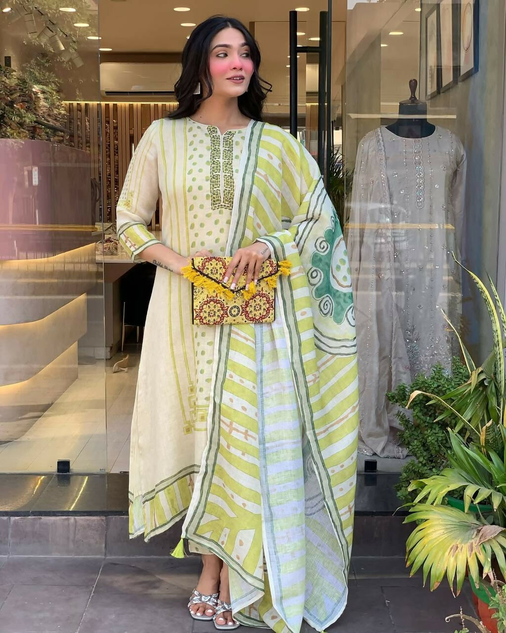 The52 Multi Women's Gorgeous Linen Silk Fabric Embroidered Work Straight Kurta Pant and Dupatta Set | Grocsy