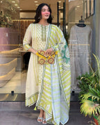 The52 Multi Women's Gorgeous Linen Silk Fabric Embroidered Work Straight Kurta Pant and Dupatta Set | Grocsy