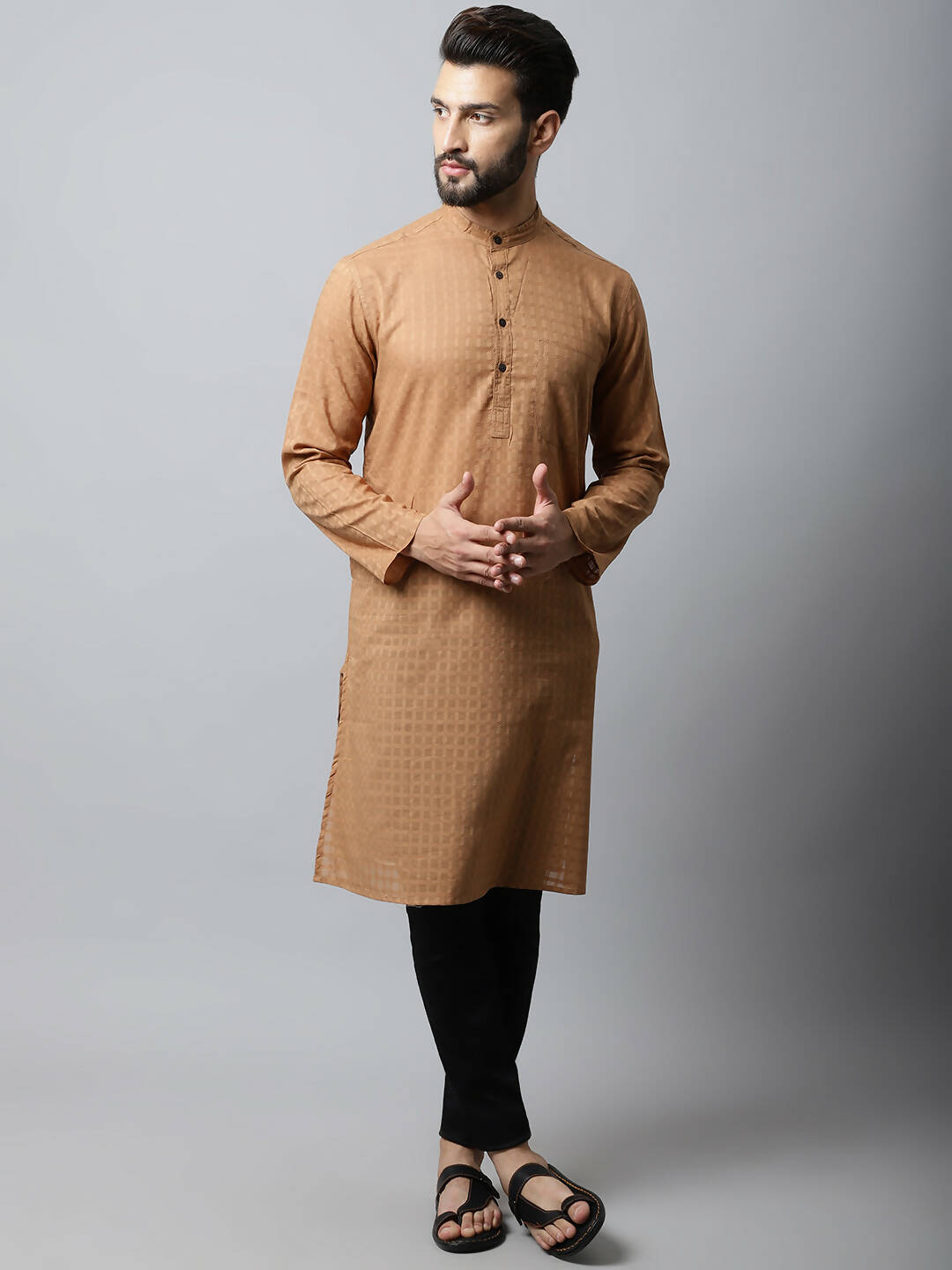 Even Apparels Brown Color Pure Cotton Men's Kurta With Band Collar (CHK1200) | Grocsy