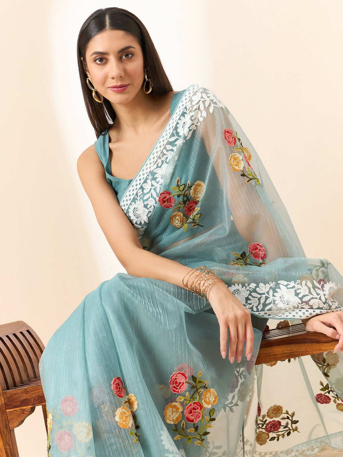 Blue Organza Floral Embroidered Saree with Unstitched Blouse Piece - Roozal | Grocsy